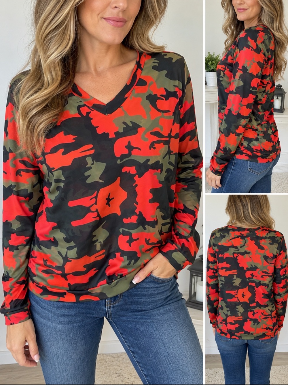 Women’s V-Neck Red Camo Long Sleeve Sweatshirt- XL